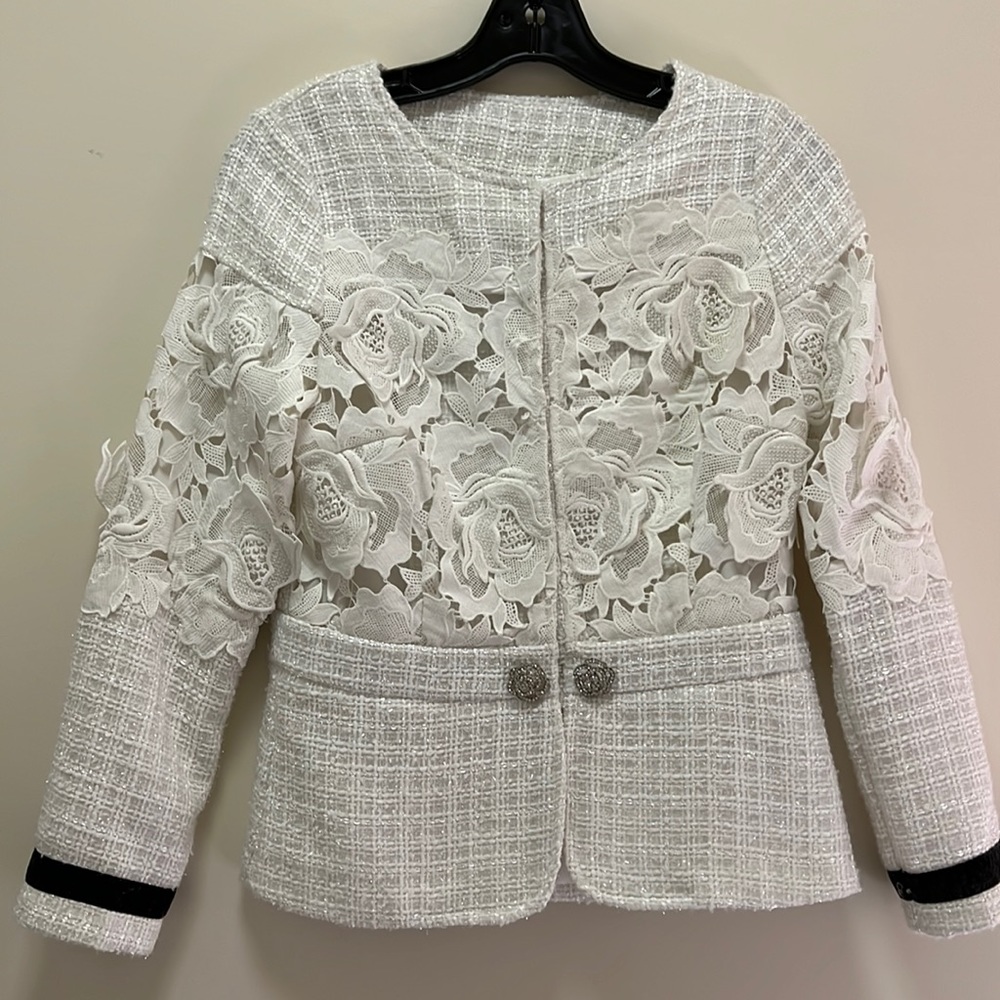 Elegant Designer Inspired Chanel like Metallic Tweed Fitted Jacket